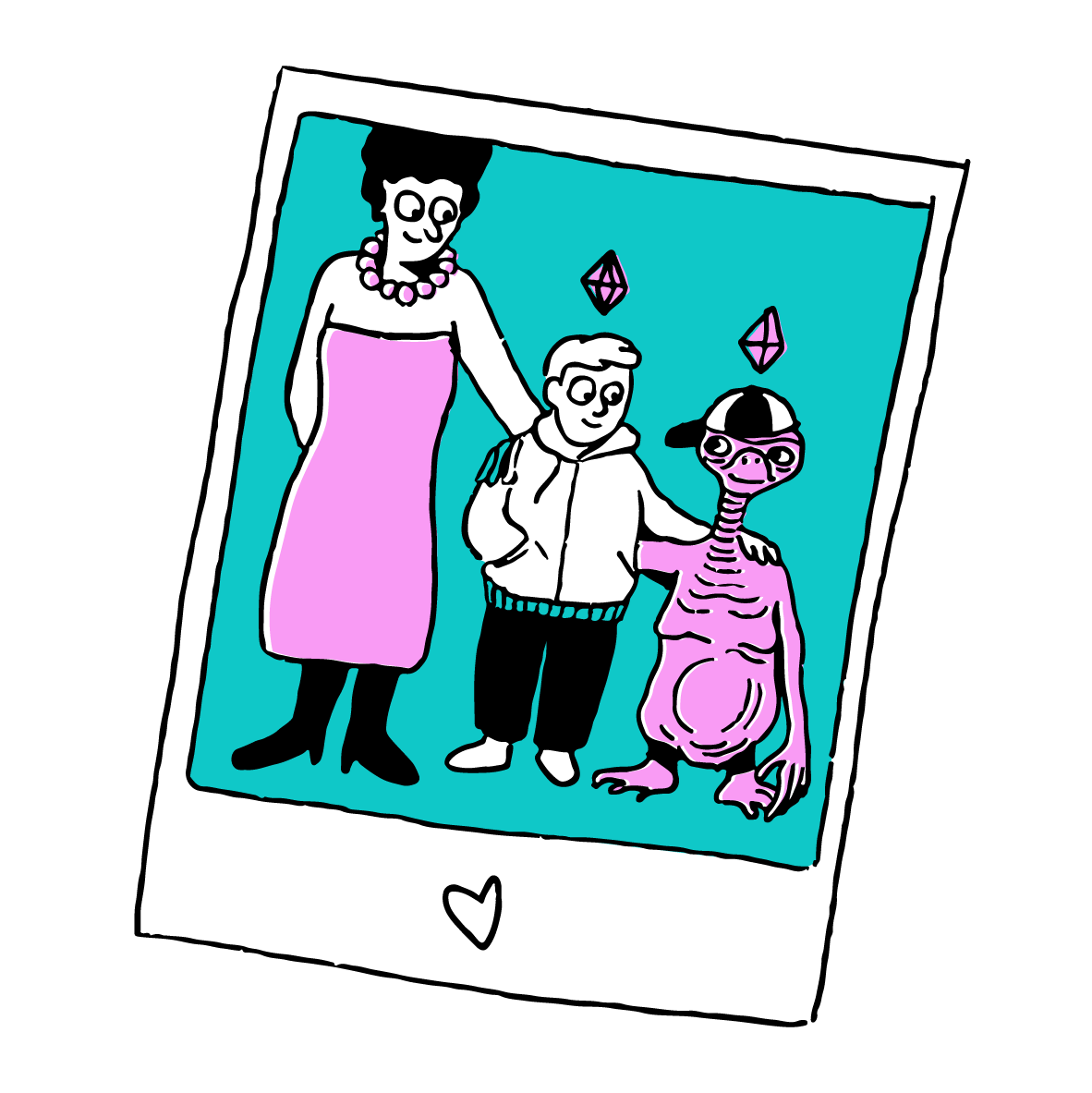 Dessin d'une photo en format Polaroïd, avec une famille marrante et originale. Une maman qui tient son fils par le cou et son fils qui tient E.T par le coup. Le fils et E.T ont tous les deux les losanges au dessus de la tête en référence au jeu vidéos des années 90/2000 les SIMS. En bas de la photo, ils y a un coeur annoté.